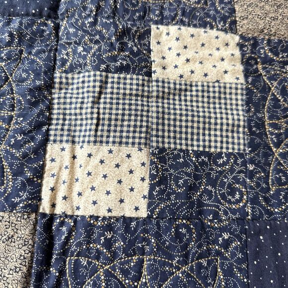 Baby Quilt Handmade Americana Folk Art Blue 33x43 Embroidered Cotton Lap Blanket - Picture 11 of 12